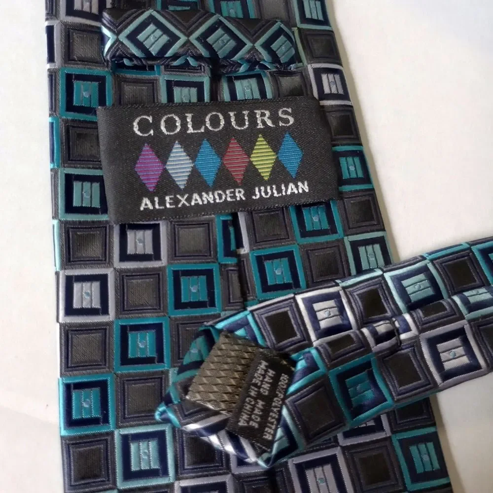 Colours Alexander Julian Mens Teal Grey Geometric Square Pattern Polyester Tie